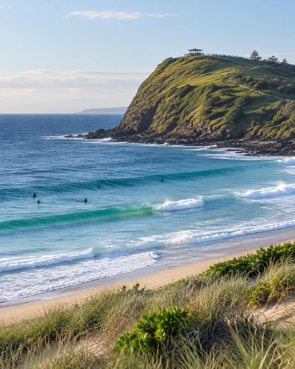 Lennox Headland, Lennox Head — the green headland with Pat Morton lookout above the surf